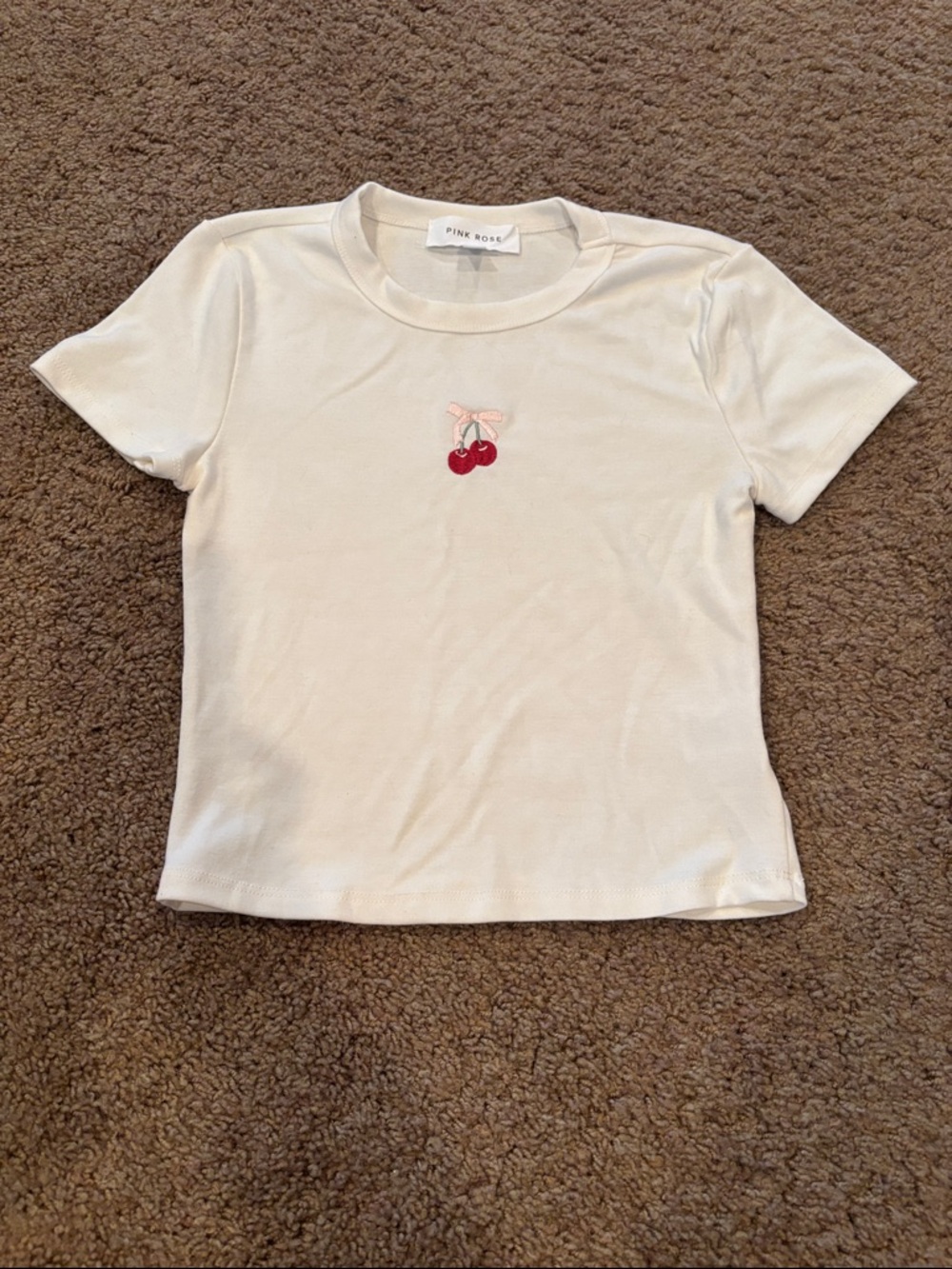 Pink Rose Cream Tee with Cherry Embroidery for Kids